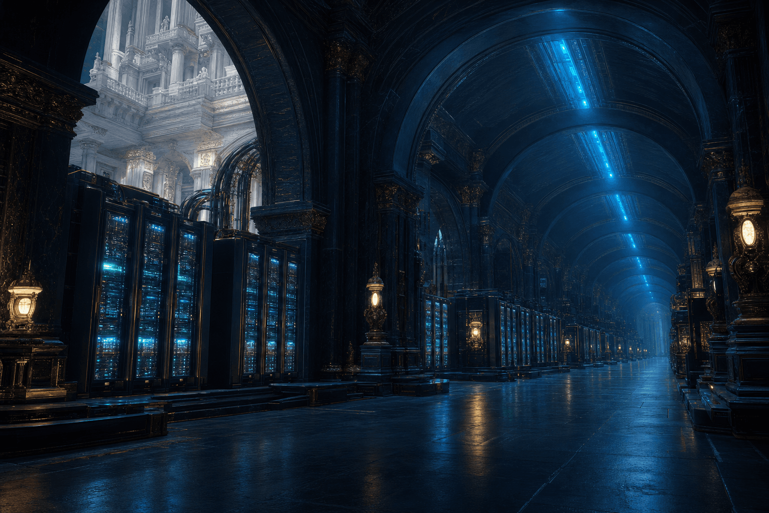 The machinery beneath the palace: glowing server racks in a vaulted undercroft